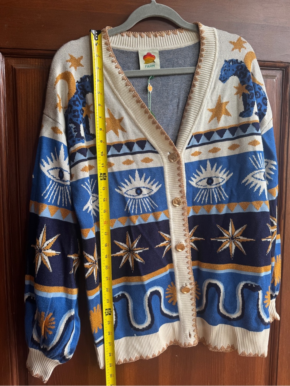 Farm Rio Mixed Mystical Ainika Buttoned Knit Cardigan Blue & Cream Medium - Picture 5 of 5